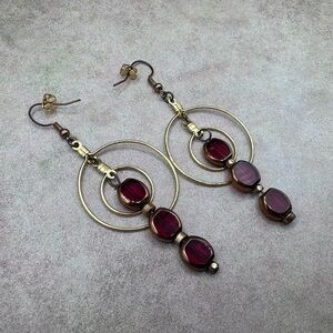Gold Hoop Drop Earrings with Burgundy Glass Beads - Women Jewelry